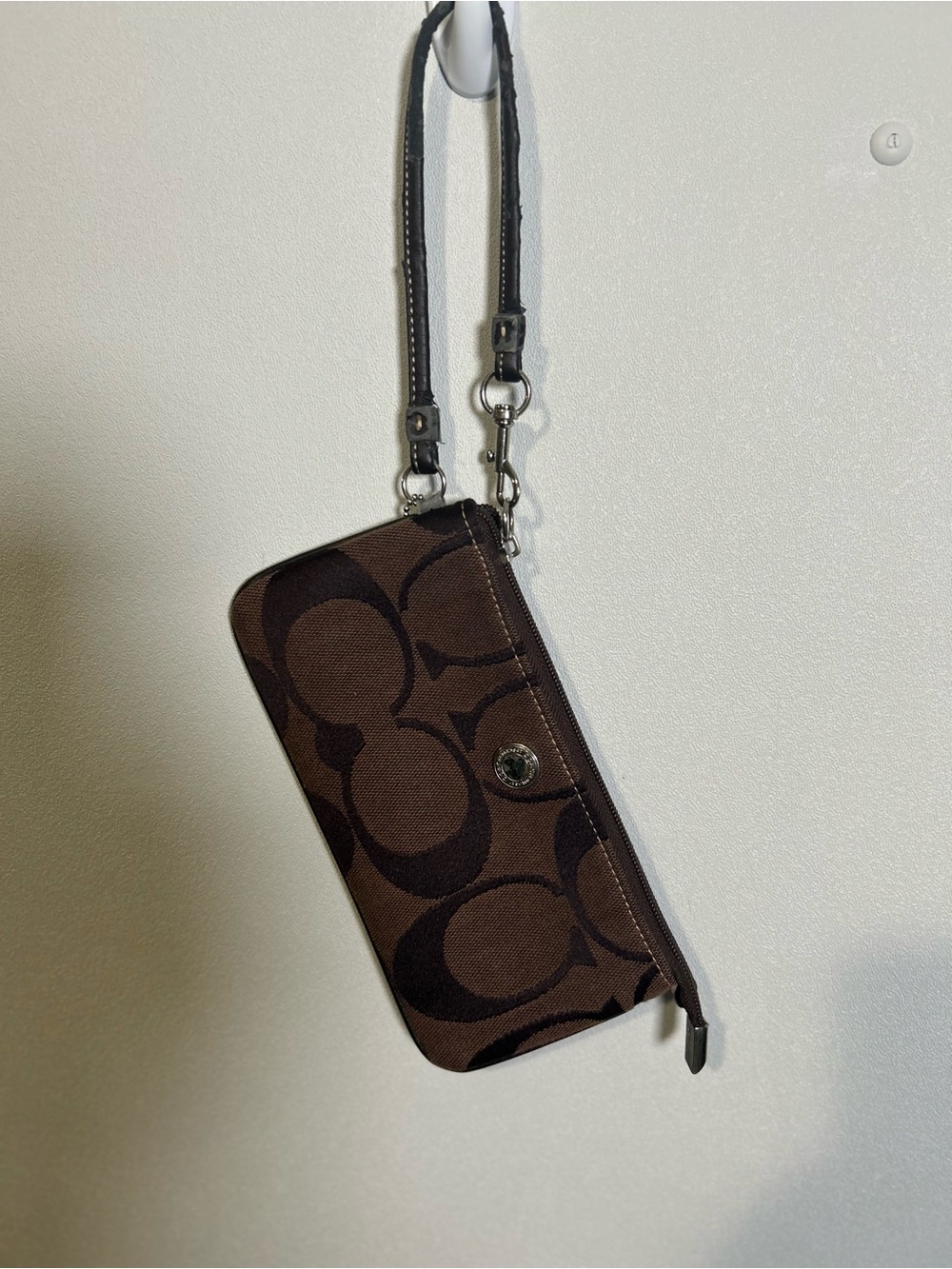 Coach Brown Signature Jacquard Wristlet with Logo Snap